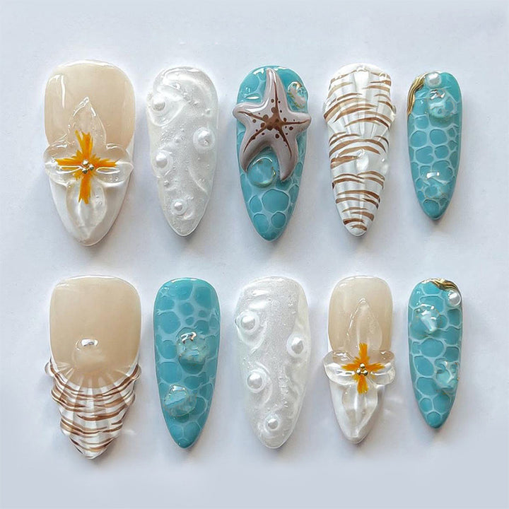 Beach-Inspired Press-On Nail Set with Ocean and Starfish Designs Stornfield