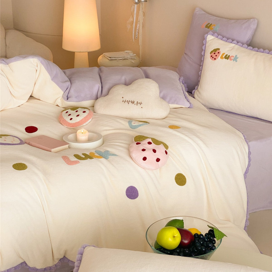 Cozy Plush Chenille Strawberry Appliqué Duvet Cover Set with Lavender Pom-Pom Trim