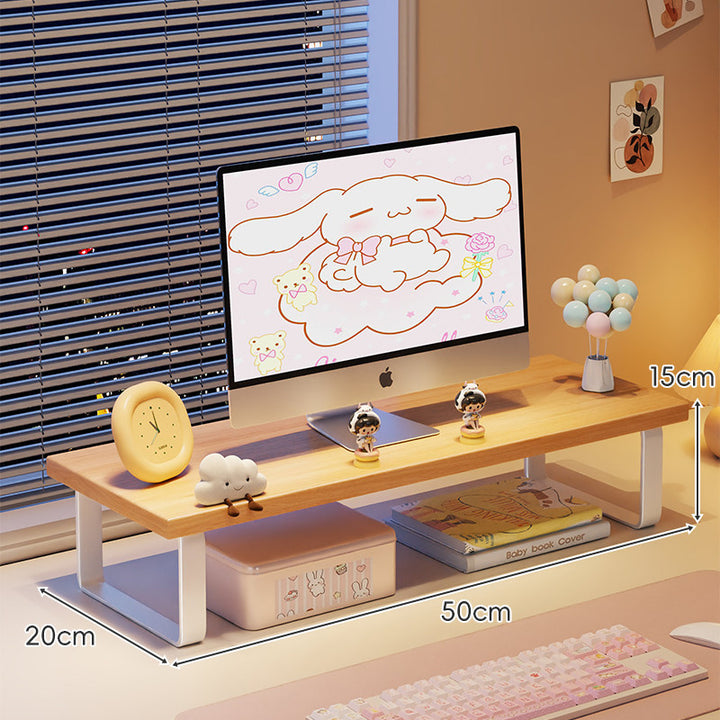 Elevated Monitor Riser Stand with Wood-Effect Top Metal Frame and Under-Shelf Storage
