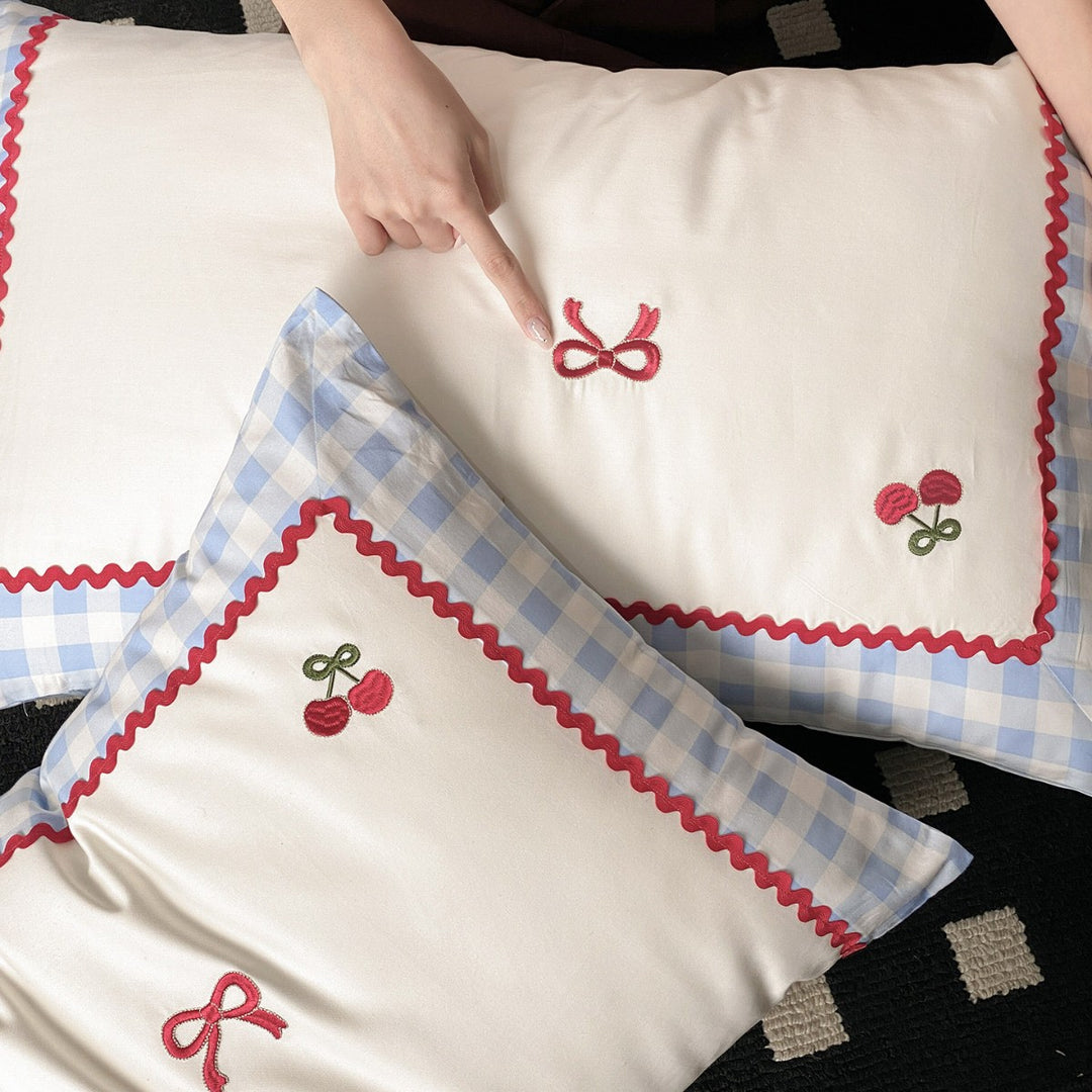 Gingham-Trim Cherry Embroidered Cotton Duvet Cover Set with Pillow Shams and Rickrack Border