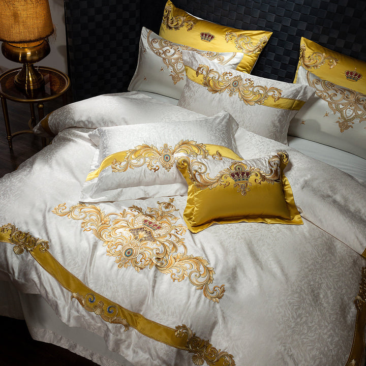 Opulent Baroque Scroll Embroidered Duvet Cover Ensemble with Satin-Edge Shams & Decorative Accent Pillow