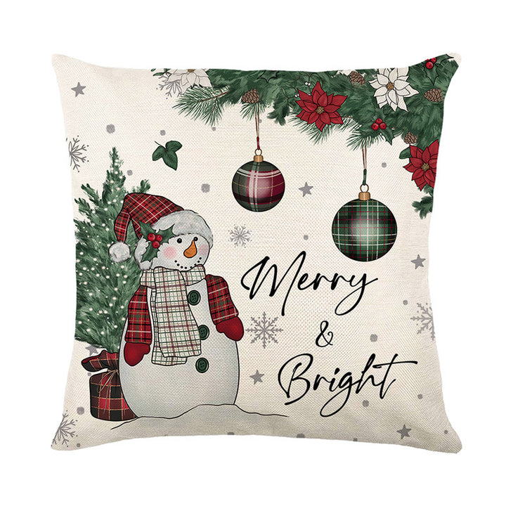Festive Christmas Wreath Linen-Texture Throw Pillow Cover with 'Be Merry' Script and Hidden Zipper
