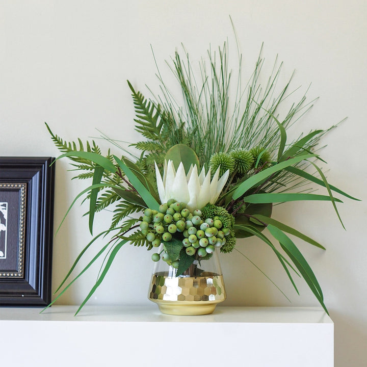 Realistic Faux Mixed Greenery Bouquet with Decorative Hammered Vase