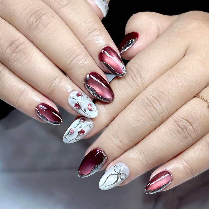 Elegant Artistic Press-On Nail Set with Glossy Finish and Floral Accents Stornfield