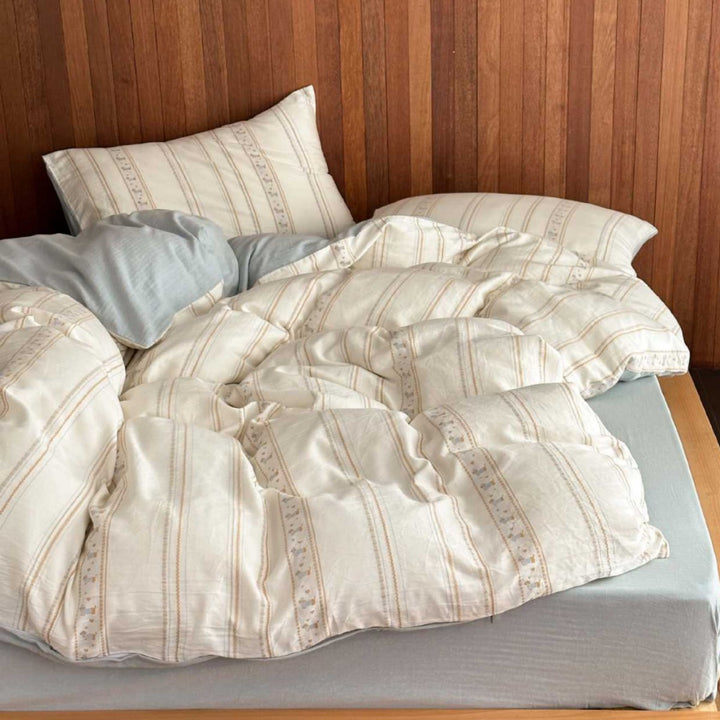 Brushed Cotton Stripe-Embroidered Duvet Cover Set