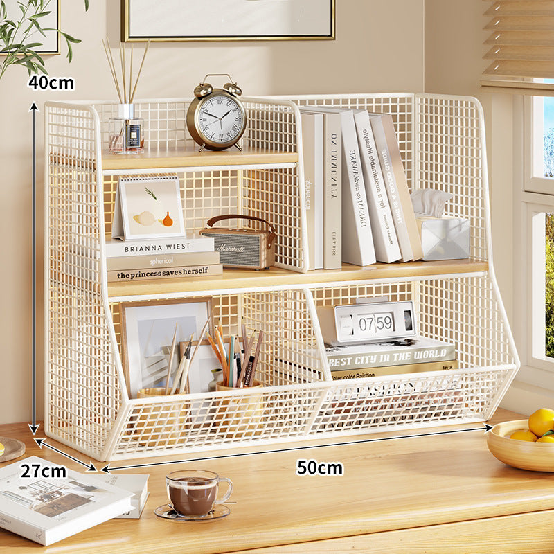 Double-Tier Mesh Metal Desktop Organizer with Wooden Shelves