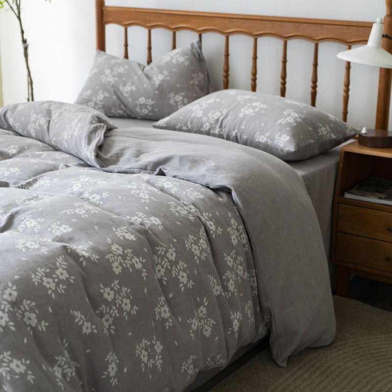 Bedding set in linen look with floral all-over print and fitted sheet