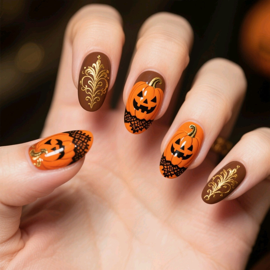 Halloween Artificial Nails with Creepy Pumpkin Design Stornfield