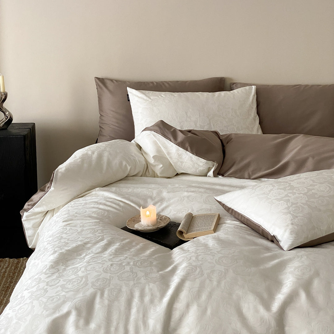 Floral Jacquard Reversible Duvet Cover Set with Silky Sateen Finish