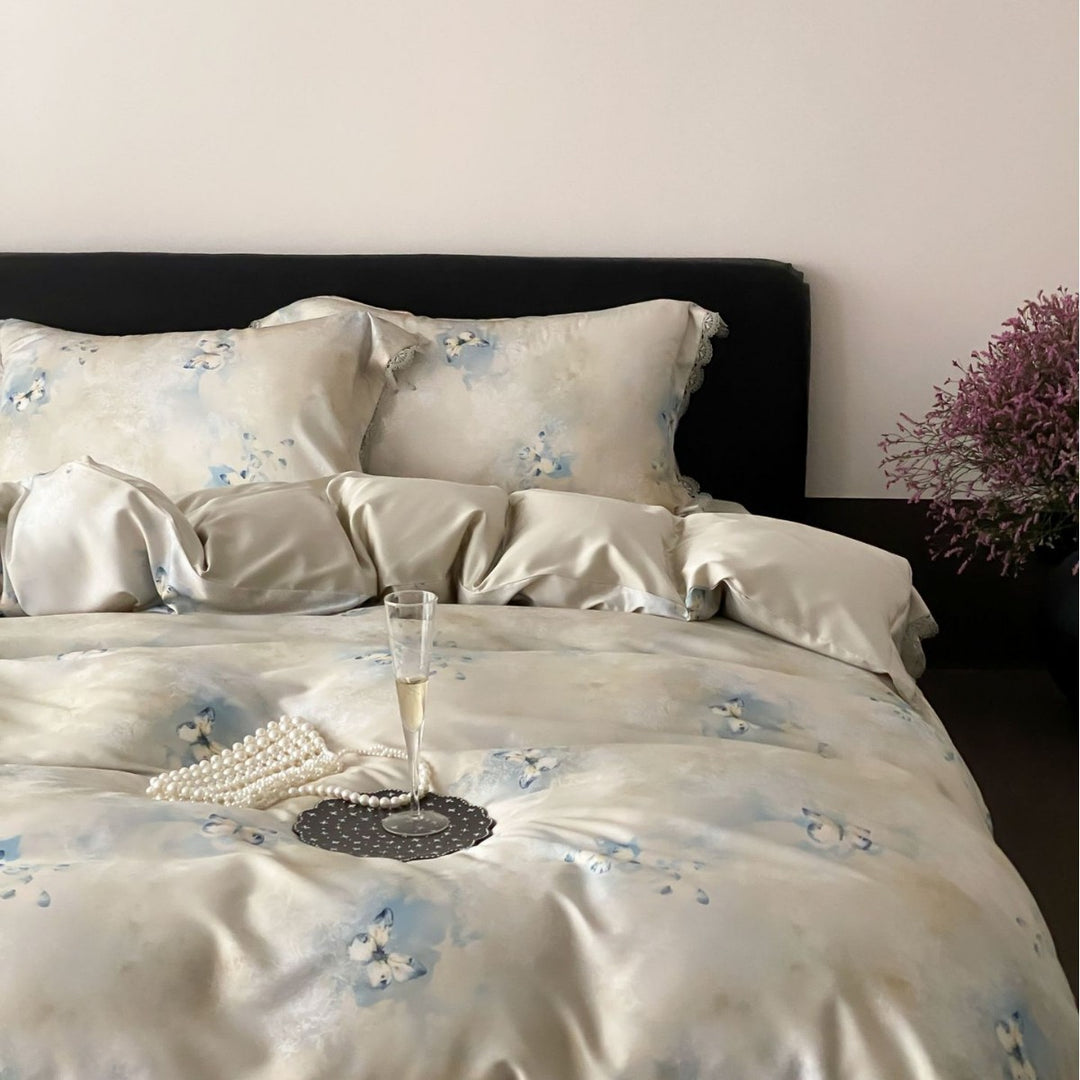 Floral Lace-Trim Satin Sateen Duvet Cover Set with Pillow Shams