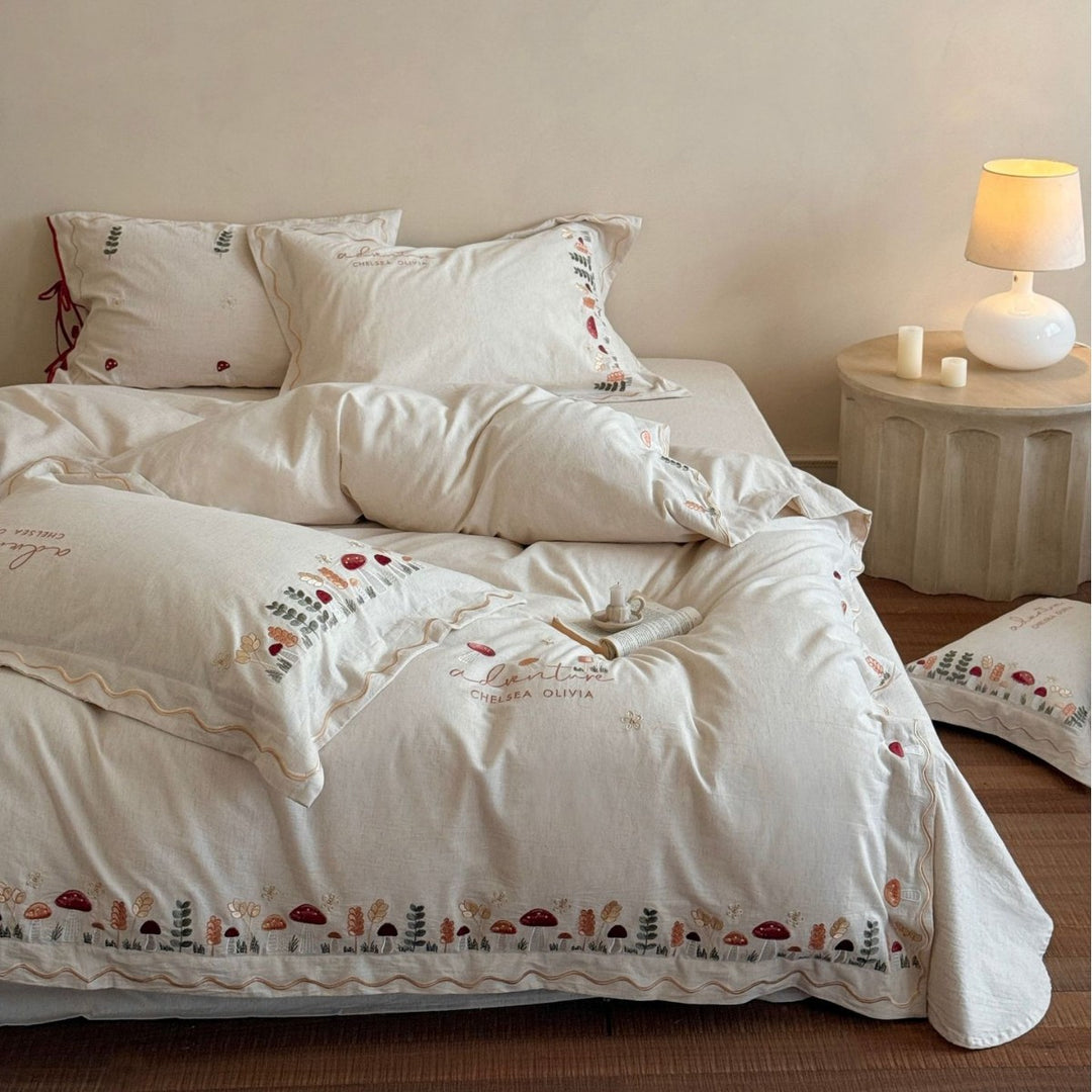 Embroidered Cotton Duvet Cover Bedding Set with Ruffled Edges