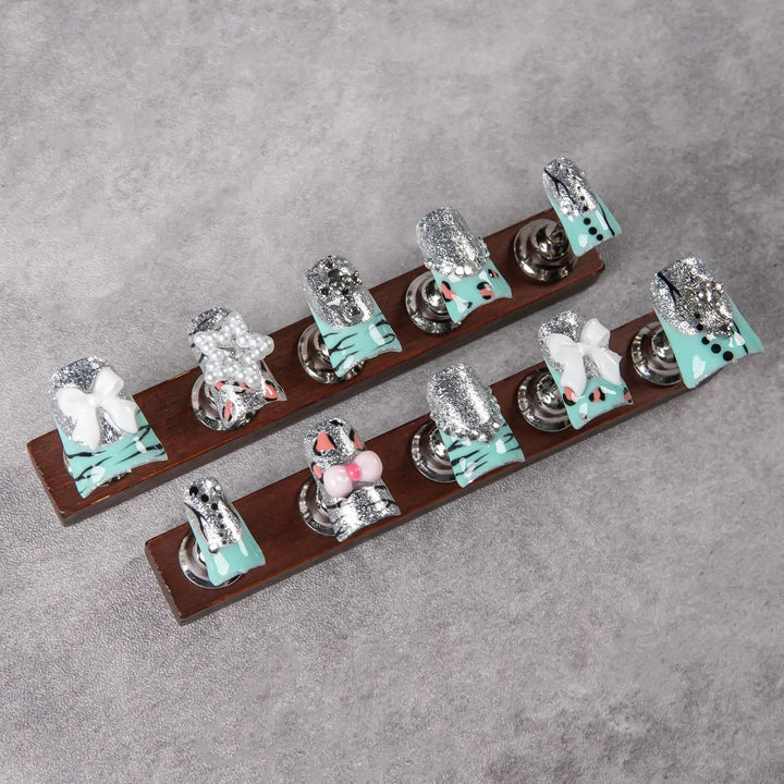 Decorative Press-On Nail Art Set with Glitzy Silver Accents