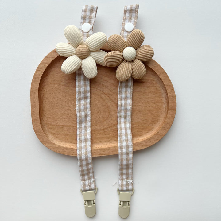 Gingham Cotton Pacifier Lanyard with Padded Ribbed Flower and Quick-Release Clip