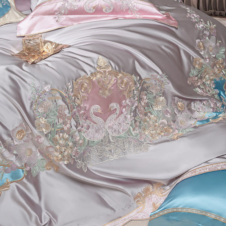 Embroidered Luxury Satin-Feel Duvet Cover Set with Hidden Zipper & Oxford Shams