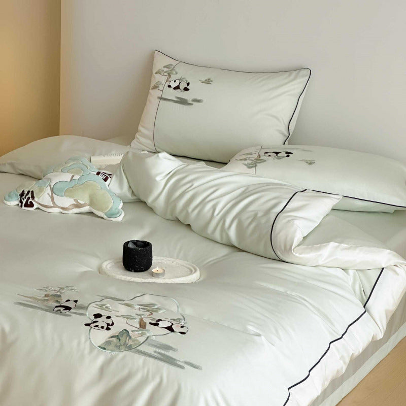 Embroidered Panda Motif Cotton-Sateen Duvet Cover and Sham Set