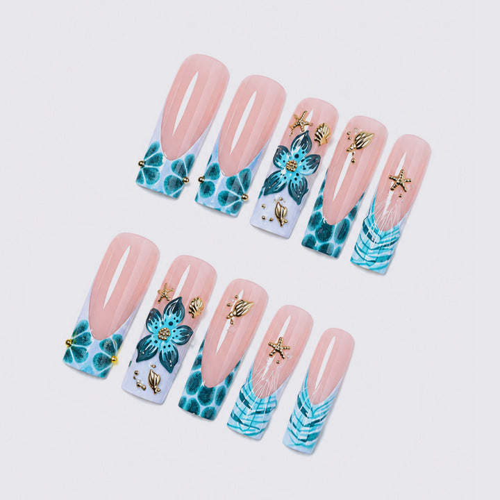 Artistic Acrylic Press-On Nail Set with Floral and Gold Elements Stornfield