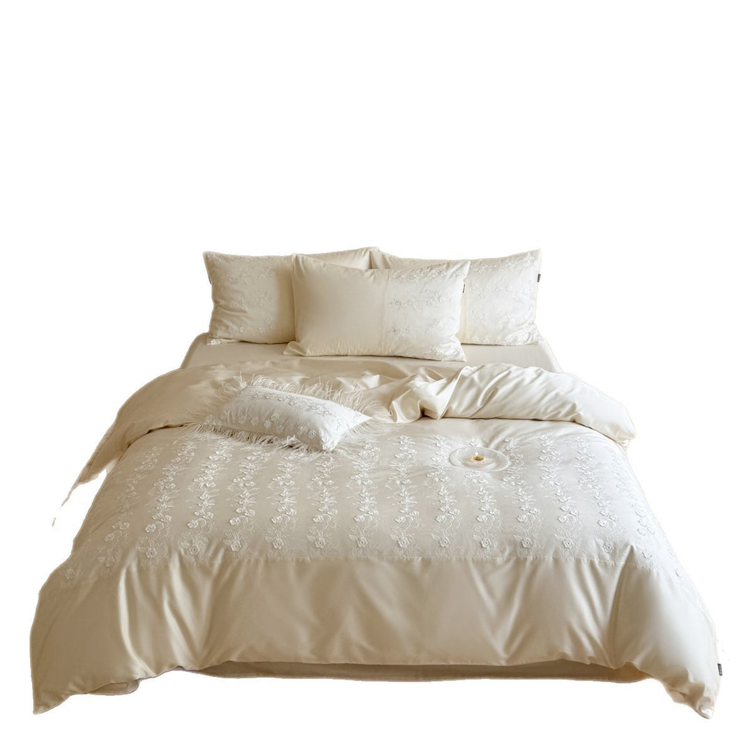 Embroidered Floral Cotton Sateen Duvet Cover Set with Feather-Trim Accent
