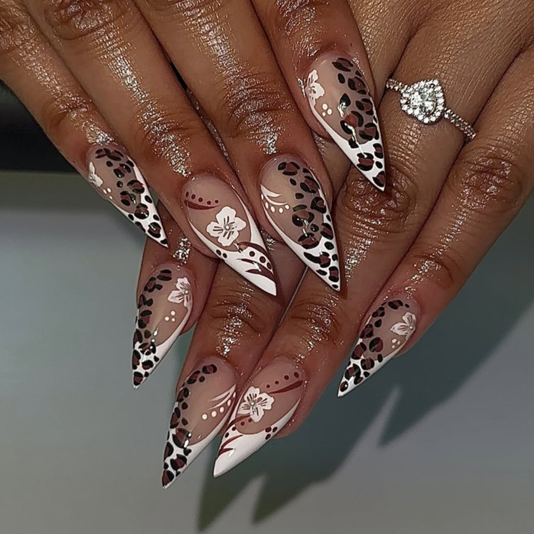 Artistic Stiletto Nails with Flower and Leopard Pattern Stornfield