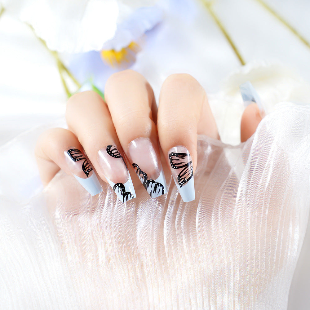 Artistic Long Coffin Press-On Nails with Butterfly Design Stornfield