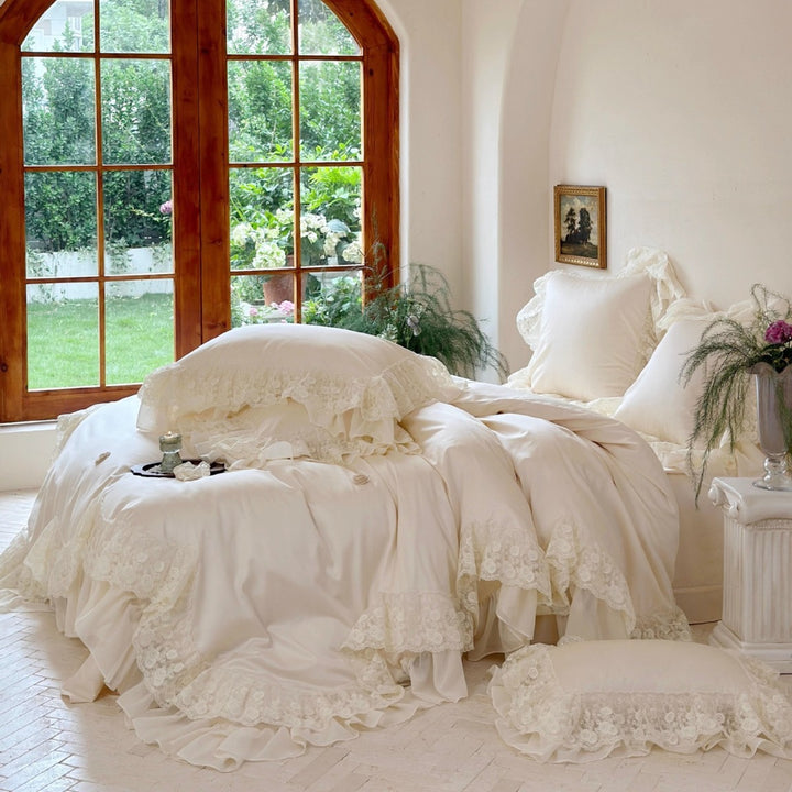 Victorian-Inspired Ruffled Lace Duvet Cover and Sham Set