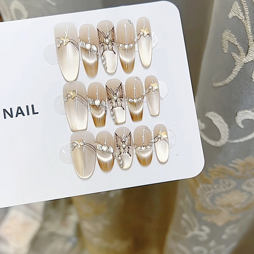 Artistic Butterfly and Pearl-Embellished Press-On Nail Set Stornfield