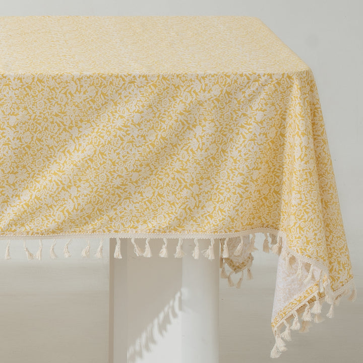 Rectangular tablecloth with floral Millefleurs print and cotton tassels Stornfield