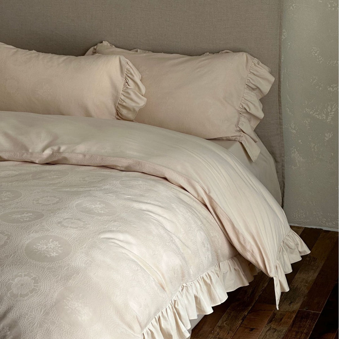 Jacquard Medallion Duvet Cover Set with Ruffled Skirt and Ruffled Shams