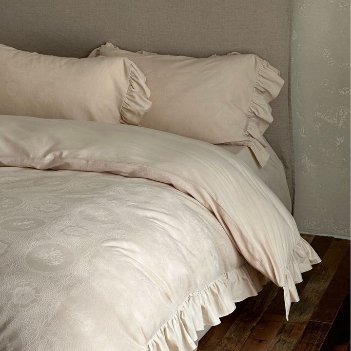 Jacquard Medallion Duvet Cover Set with Ruffled Skirt and Ruffled Shams