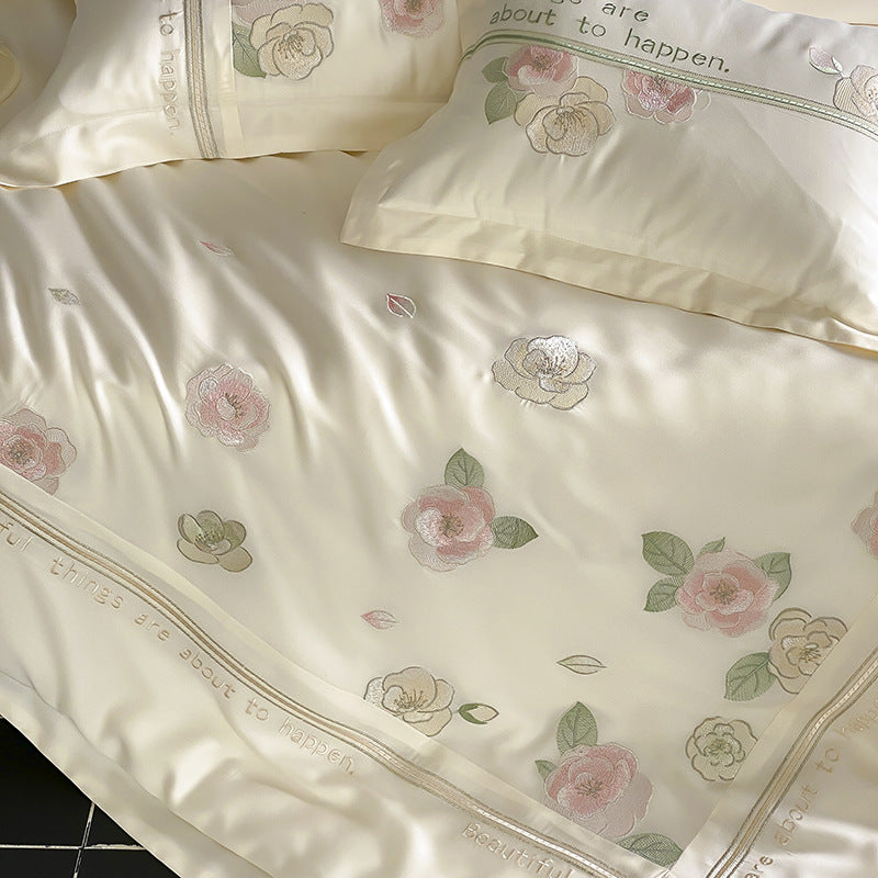 Silk-Blend Botanical Embroidered Duvet Cover Set with Satin Border & Decorative Shams