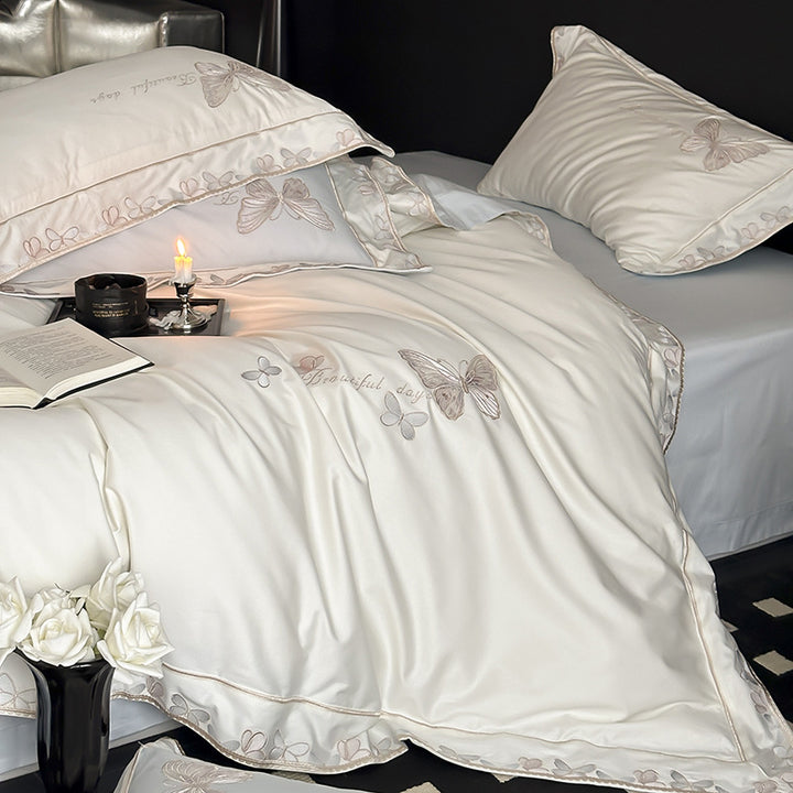 Satin-Feel Embroidered Butterfly Duvet Cover Bedding Set