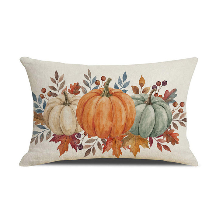 Rectangular Linen-Cotton Decorative Pillow Cover with Polka Dot Background and Autumn Pumpkin Floral Print