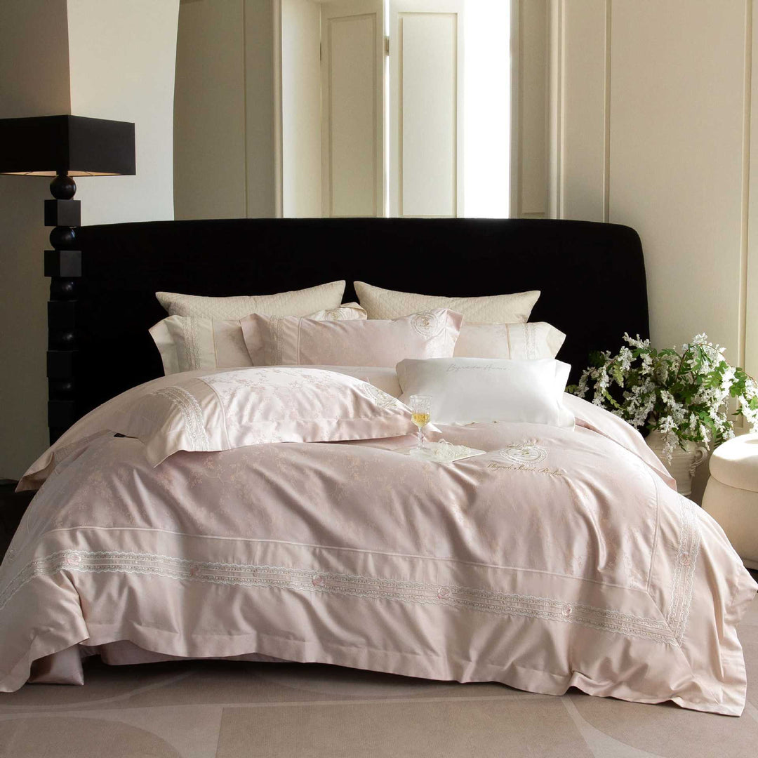 Hotel-Style Embroidered Cotton Sateen Duvet Cover Set with Lace Trim and Pillow Shams