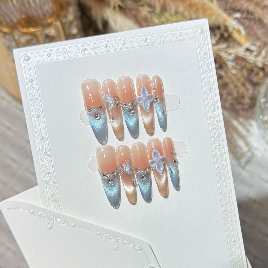 Artistic Press-On Nail Set with Floral and Gemstone Accents Stornfield
