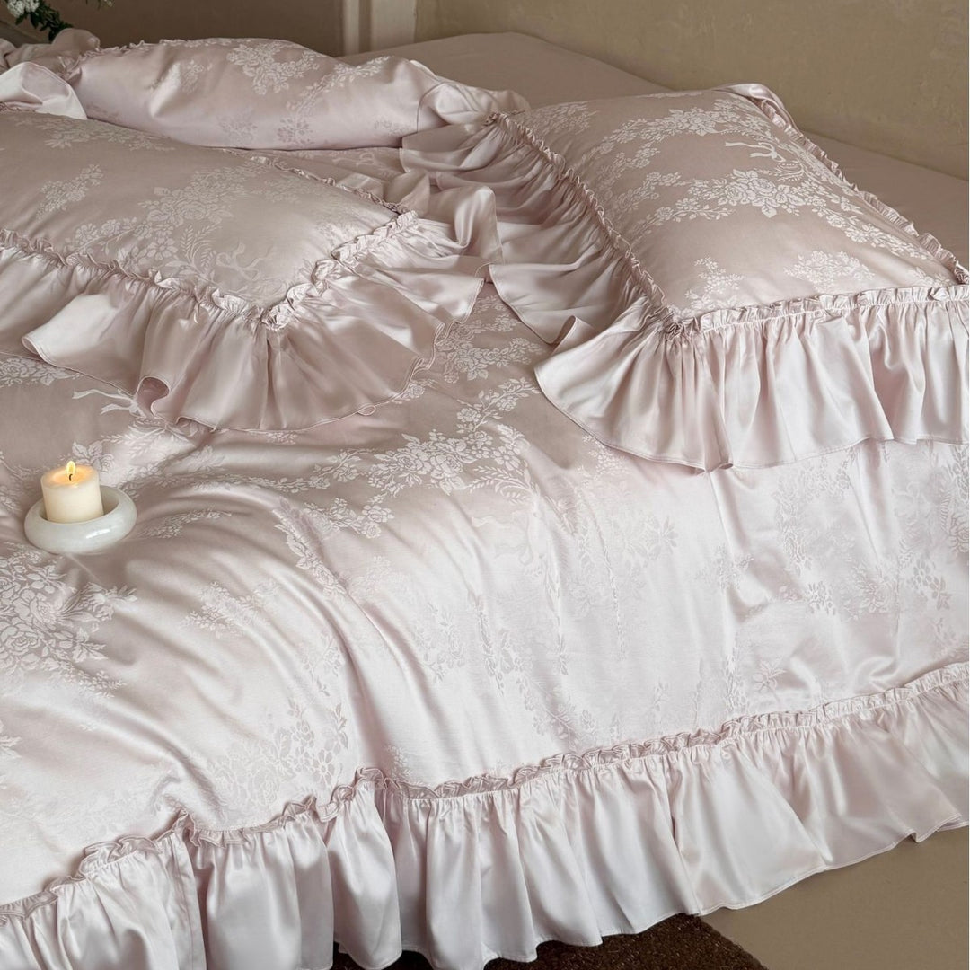 Ruffled Jacquard Floral Duvet Cover and Pillowcase Set