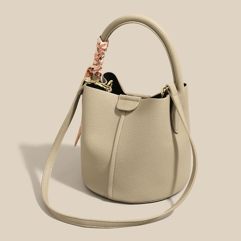 Textured Leather Bucket Bag with Scarf Detail