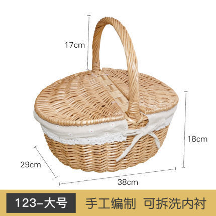 Women's braided basket with checkered fabric insert and decorative lace embellishment Stornfield