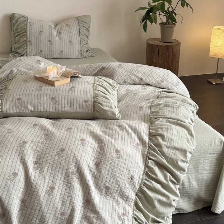 Quilted Floral Embroidered Cotton Duvet Cover Set with Ruffled Skirt and Pillow Shams