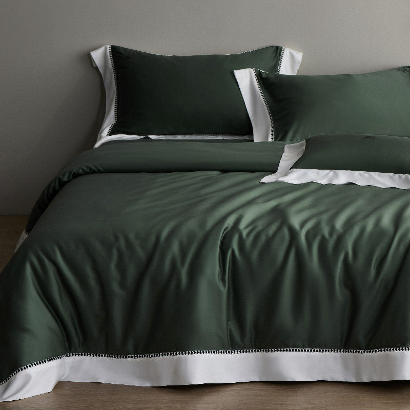 Luxury Sateen Duvet Cover Set with Contrast Hem and Eyelet-Embroidered Shams