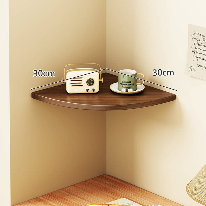 Corner Floating Wall Shelf with Curved Triangular Wooden Top and Heavy-Duty Metal Brackets