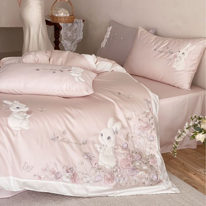 Romantic cotton satin bed linen with 3D plush rabbit appliqué and floral embroidery