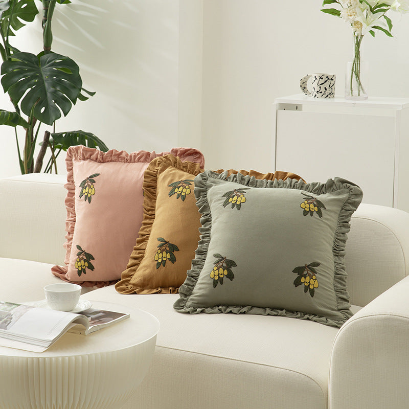 Square decorative cushion with frill edge and embroidered berry ornament made of cotton-linen Stornfield