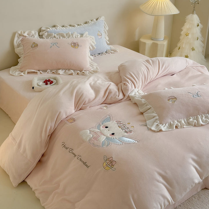 Princess Bunny Embroidered Ruffled Velvet Comforter Duvet Set