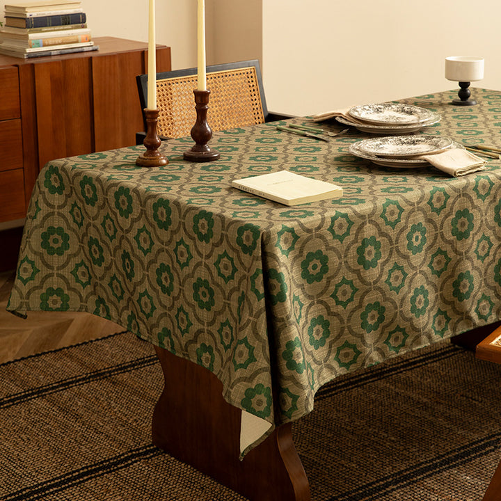 Woven rectangular tablecloth with geometric floral pattern and linen look
