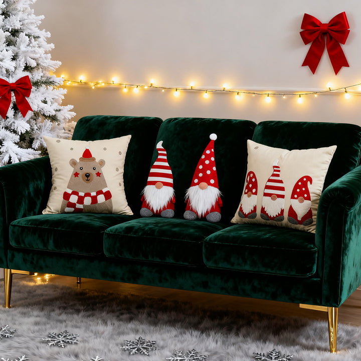 Festive Embroidered Bear Square Throw Pillow Cover
