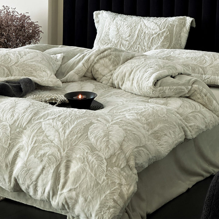 Plush Embossed Leaf-Relief Fleece Duvet Cover & Sham Set