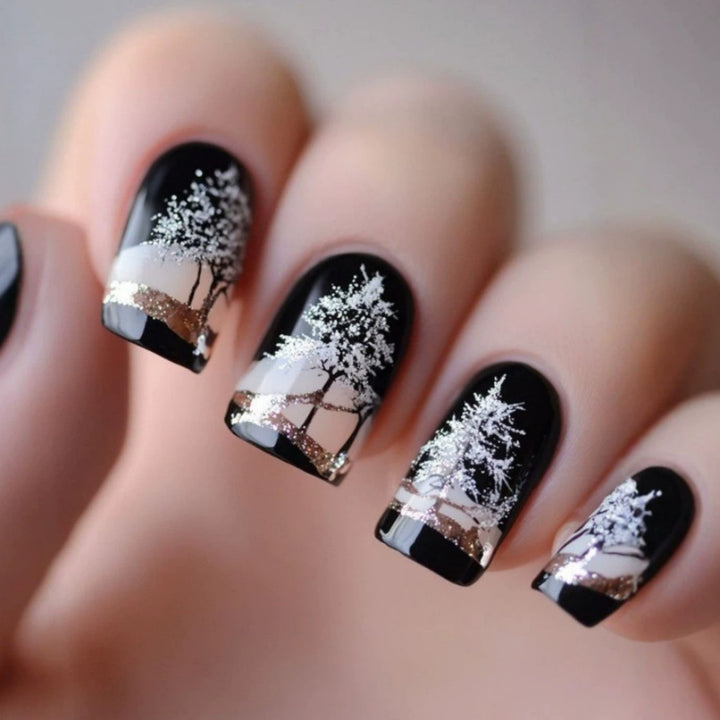 Artificial nails with romantic winter forest pattern Stornfield