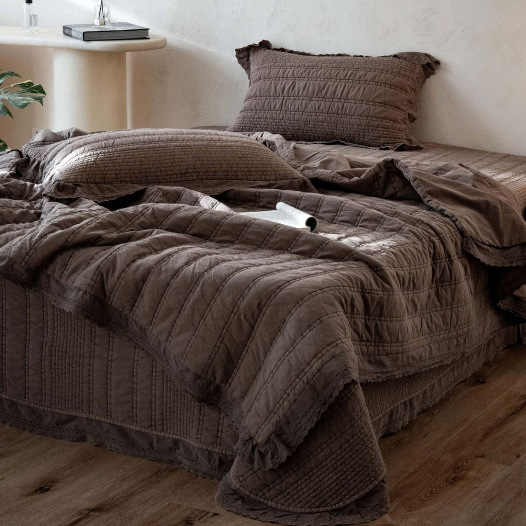 Quilted Washed Cotton Oversized Coverlet with Scalloped Ruffle and Matching Pillow Shams