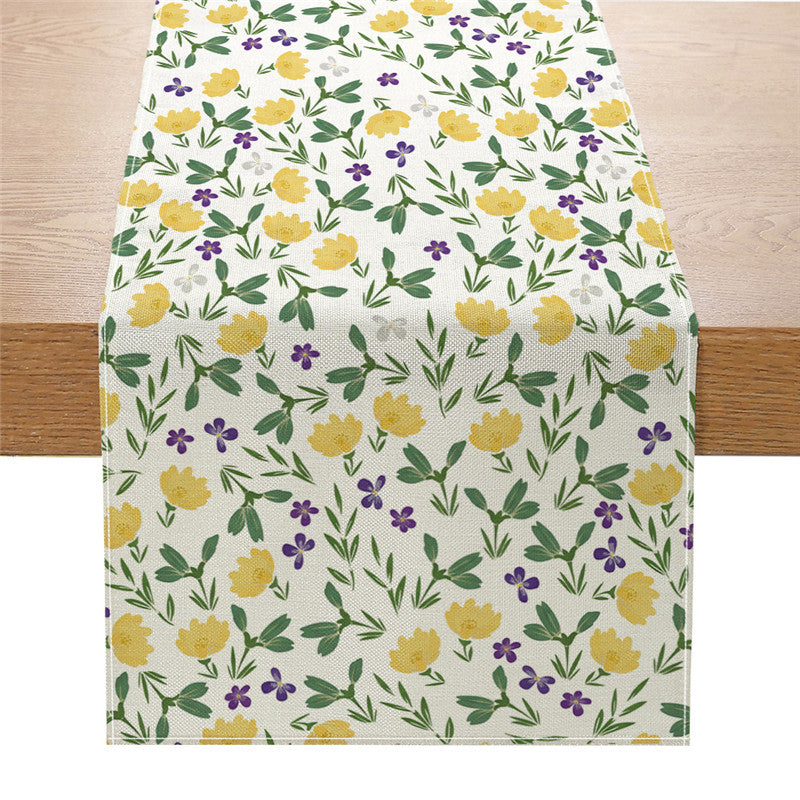 Decorative Cotton-Linen Table Runner with Printed Floral Bouquet Pattern