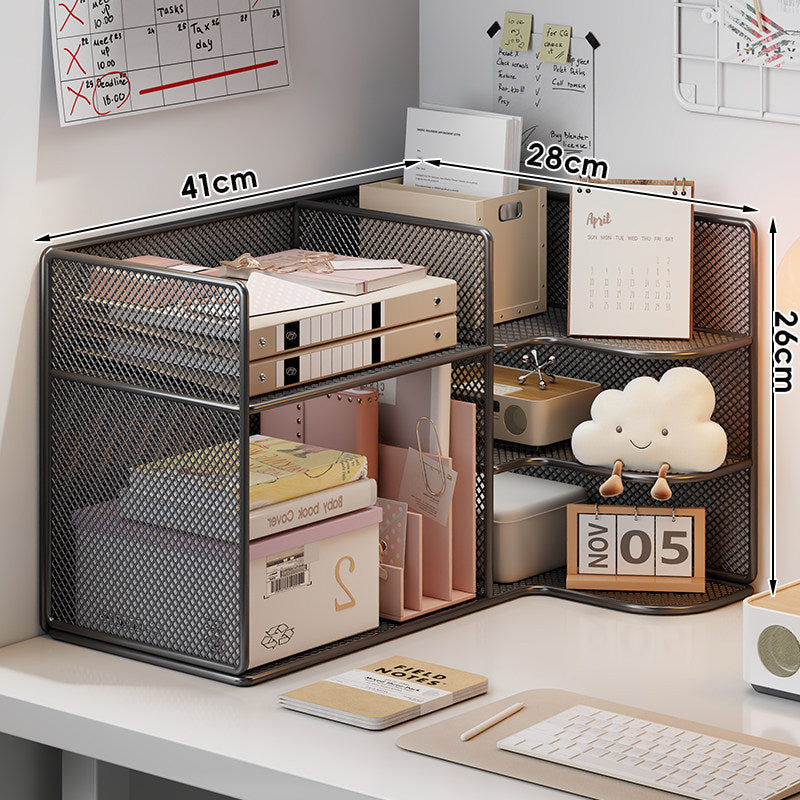 Mesh Corner Desktop Organizer Shelf with Multi-Compartment Tiers and Vertical File Slots