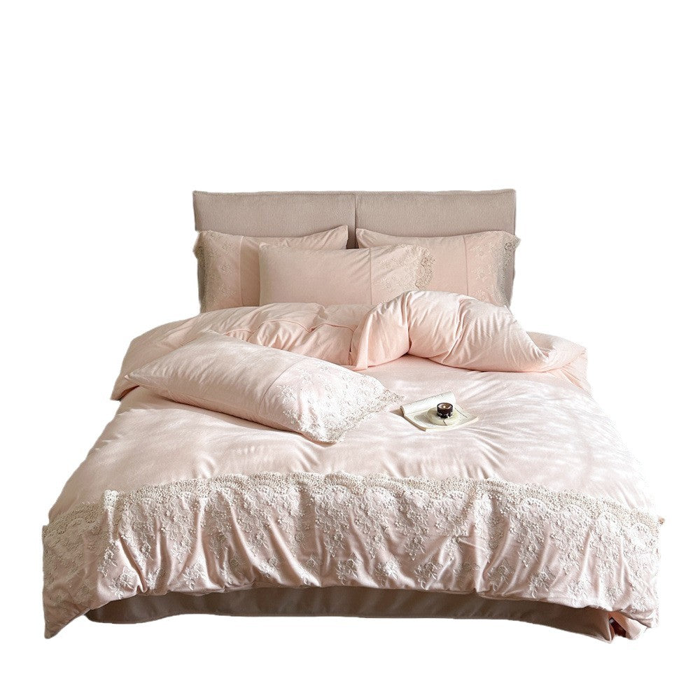Luxurious cotton satin bedding set with fine lace embroidery